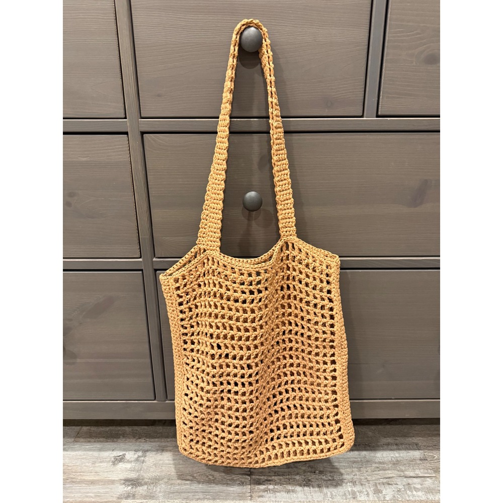 Handmade Raffia Tote Bag Milky Coffee Crochet Knit Tan Bohemian Market Bag - Picture 2 of 5